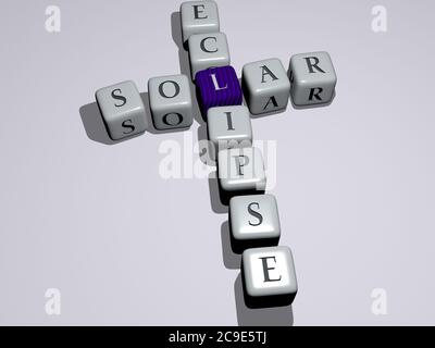 Kreuzworträtsel der SONNENFINSTERNIS angeordnet durch kubische Buchstaben auf einem Spiegelboden, Konzept Bedeutung und Präsentation. Illustration und Energie. 3D-Illustration Stockfoto