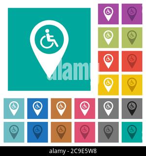 Barrierefreiheit GPS-Kartenposition mehrfarbige flache Symbole auf schlichten quadratischen Hintergründen. Weiße und dunklere Symbolvarianten für Hover oder enthalten Stock Vektor