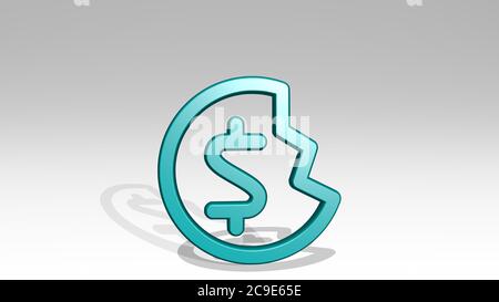 WÄHRUNGS-DOLLAR-BRUCH stehen mit Schatten. 3D-Illustration von metallischen Skulptur auf einem weißen Hintergrund mit milder Textur. Business und Konzept Stockfoto