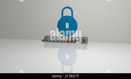 3D-Grafik-Bild von gesperrt vertikal zusammen mit Text von metallischen kubischen Buchstaben aus der oberen Perspektive gebaut, ausgezeichnet für das Konzept Präsentation und Diashows. Illustration und Tür Stockfoto