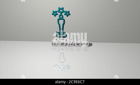 3D-Darstellung der Auszeichnung mit Symbol an der Wand und Text angeordnet durch metallische kubische Buchstaben auf einem Spiegelboden für Konzept Bedeutung und Diashow-Präsentation. Illustration und Hintergrund Stockfoto