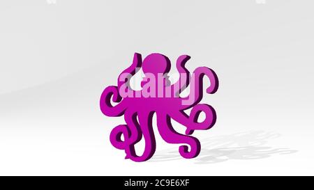 octopus an der Wand. 3D-Illustration von metallischen Skulptur auf einem weißen Hintergrund mit milder Textur. Tier und Cartoon Stockfoto
