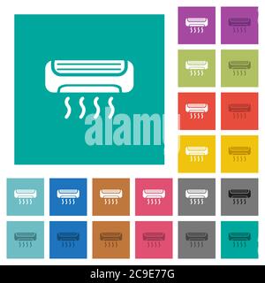 Klimaanlage mehrfarbige flache Symbole auf einfachen quadratischen Hintergründen. Weiße und dunklere Symbolvarianten für schwebe- oder aktive Effekte. Stock Vektor