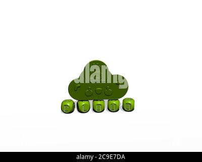 3D-Darstellung der WOLKE mit Symbol an der Wand und Text angeordnet durch metallische kubische Buchstaben auf einem Spiegelboden für Konzept Bedeutung und Diashow-Präsentation. Hintergrund und blau Stockfoto