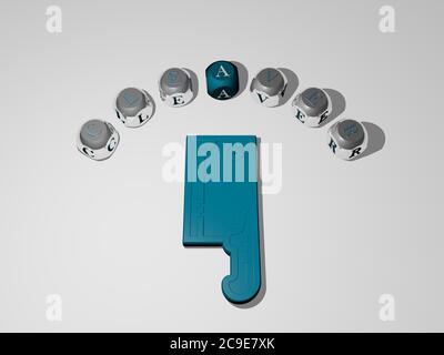 3D-Illustration von Spaltgrafiken und Text rund um das Symbol durch metallische Würfel Buchstaben für die damit verbundenen Bedeutungen des Konzepts und Präsentationen gemacht. Messer und Metzger Stockfoto