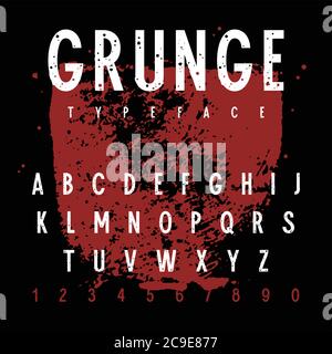 Grobe Stempelschrift. Grunge texturierte Schrift. Vektor handgefertigtes Alphabet. Großbuchstaben und Zahlen im Stempelstil. Plus eine Grunge Textur als Bonus Stock Vektor