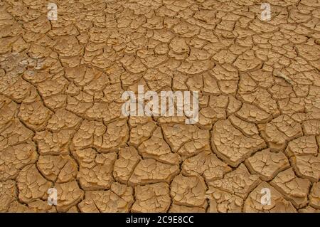 Zerbrochene Erde an einem ausgetrockneten Teich im Bandiagara-Gebiet in Mali, Westafrika. Stockfoto