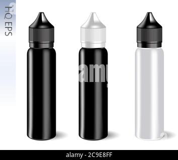 Vape e Flüssigkeitsflaschen Set mit Etikett und schlichtem Style Logo. Vape Gläser in schwarz-weiß Farbe der Kappen und Bodys. Hochwertige EPS10-Illustration Stock Vektor