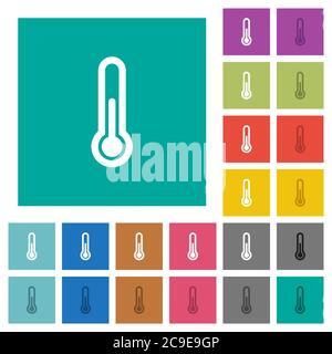 Thermometer mehrfarbige flache Symbole auf einfachen quadratischen Hintergründen. Weiße und dunklere Symbolvarianten für schwebe- oder aktive Effekte. Stock Vektor