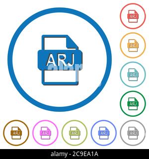 ARJ-Dateiformat flache Farbvektorsymbole mit Schatten in runden Umrissen auf weißem Hintergrund Stock Vektor