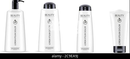 Weiße Kosmetik Flasche Glas Set mit schwarzen Top Caps. Realistische 3d-Mock-up von Kosmetik-Paket. Vektor-Illustration von Spender und Pipette, Creme ja Stock Vektor