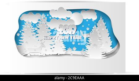 Frohes neues Jahr Papier schneiden Stil Karte Design. Winterwald mit Tieren, Schneeflocken, Winterbäumen, Mond und Wolken. Vektorgrafik. Stock Vektor