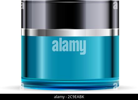 Rundes blaues Glas mit schwarzem glänzenden Kunststoffdeckel für Kosmetik - Körpercreme, Gel, Butter, Badesalz, Hautpflege, Pulver. Realistische Verpackung Mockup t Stock Vektor