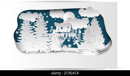Frohes neues Jahr 2019 Papier schneiden Stil Karte Design. Winterwald mit Tieren, Schneeflocken, Winterbäumen, Mond und Wolken. Vektorgrafik. Stock Vektor