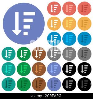 In absteigender Reihenfolge geordnete Listen-Modus mehrfarbige flache Symbole auf runden Hintergründen. Inklusive weißer, heller und dunkler Symbolvarianten für den Hover- und aktiven Status Stock Vektor