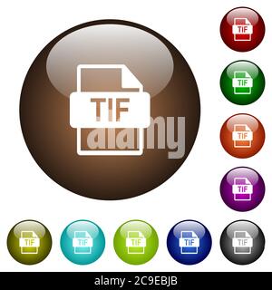 Weiße Symbole im TIF-Dateiformat auf runden farbigen Glasschaltflächen Stock Vektor