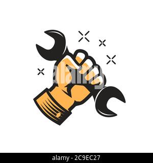 Symbol Schraubenschlüssel in der Hand. Reparaturen, Wartung, Baukonzept Stock Vektor