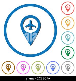 Flughafen GPS-Karte Position flache Farbe Vektor-Symbole mit Schatten in runden Umrissen auf weißem Hintergrund Stock Vektor