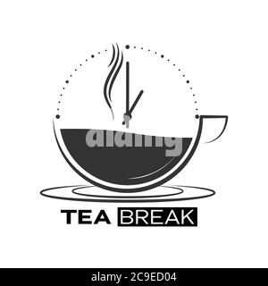 Tasse heißen Tee mit einer Uhr und der Aufschrift Tea Break. Einfaches Symbol auf weißem Hintergrund isoliert Stock Vektor