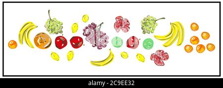 Muster, eine Reihe von frischen Früchten. Isoliertes Bild von Früchten auf weißem Hintergrund. Stock Vektor