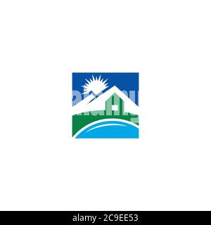 Logo mit See-, Haus- und Berglogo Stock Vektor