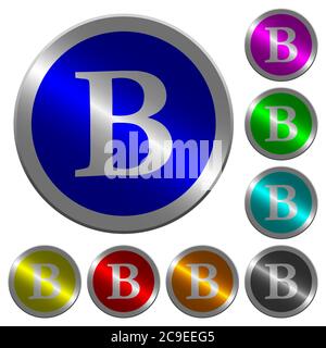 Fette Schriftzeichen auf runden, leuchtenden, münzähnlichen farbigen Stahlknöpfen Stock Vektor