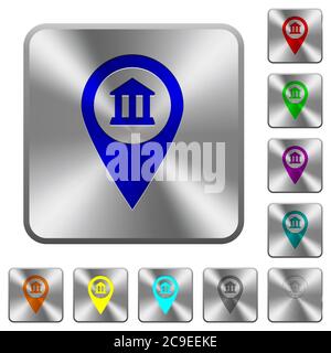 GPS-Kartenposition der Bank auf runden quadratischen, glänzenden Stahlknöpfen gravierte Symbole Stock Vektor