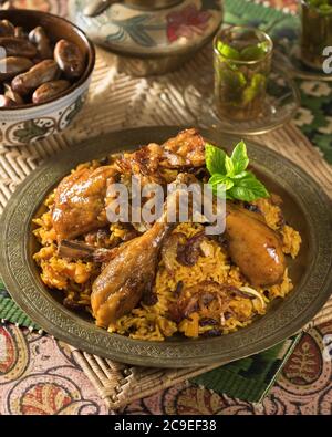 Nasi Bukhari Ayam. Hühnchen- und Reisgericht. Malaysia und Nahost Food Stockfoto