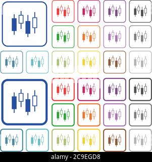 Candlestick Diagramm Farbe flache Symbole in abgerundeten quadratischen Rahmen. Dünne und dicke Versionen im Lieferumfang enthalten. Stock Vektor