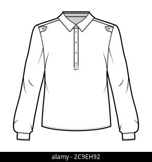 Henley Shirt technische Mode-Illustration mit Knopfleiste, Schulterklappen, klassischer Military-Stil, lange Ärmel. Flatbluse Bekleidung Vorlage vorne weiß Farbe. Damen, Herren Unisex TOP CAD Stock Vektor