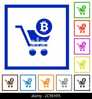 Kasse mit Bitcoin Warenkorb flache Farbe Symbole in quadratischen Rahmen auf weißem Hintergrund Stock Vektor