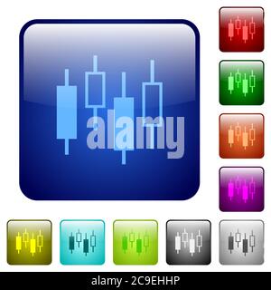 Candlestick Chart Symbole in abgerundeten quadratischen Farbe glänzend Knopf gesetzt Stock Vektor