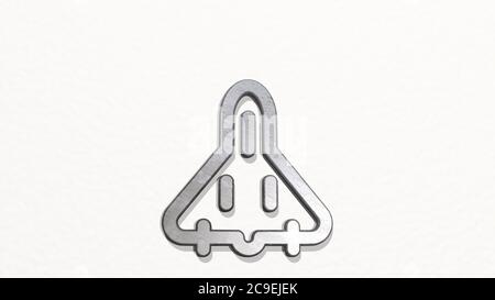 Flugzeug Militärflugzeug an der Wand. 3D-Illustration von metallischen Skulptur auf einem weißen Hintergrund mit milder Textur. Flugzeug und Flughafen Stockfoto