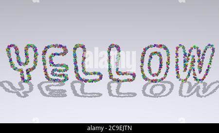 GELB: 3D-Darstellung des Textes aus kleinen Objekten auf weißem Hintergrund mit Schatten. Abstrakt und blau Stockfoto