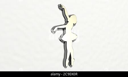 Ballerina tanzt an der Wand. 3D-Illustration von Metallic-Skulptur auf weißem Hintergrund mit milder Textur. Ballett und Tänzer Stockfoto