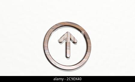 KREIS aus einer Perspektive an der Wand HOCHLADEN. Eine dicke Skulptur aus metallischen Materialien von 3D-Rendering. Illustration und Ikone Stockfoto