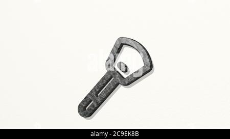 küchenspatel aus einer Perspektive an der Wand. Eine dicke Skulptur aus metallischen Materialien von 3D-Rendering. Hintergrund und Illustration Stockfoto