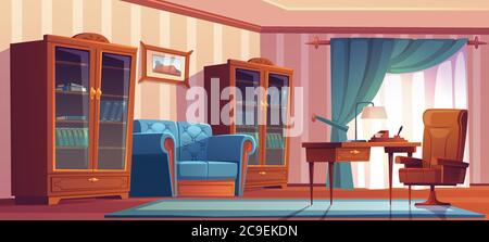 Vintage Home Office Interieur mit Holzmöbeln, Tisch, Stuhl, Sofa und Bücherregale. Vektor-Cartoon-Illustration von leeren Chef Schrank mit blauen Vorhängen, Couch, Schreibtisch und Malerei an der Wand Stock Vektor