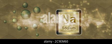 Na-Symbol. Chemisches Natrium-Element mit Molekül und Netzwerk auf gelbem Hintergrund Stockfoto