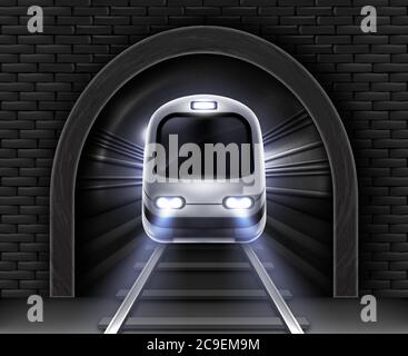 Moderne U-Bahn im Tunnel. Vektor realistische Abbildung des vorderen Waggons des Fahrgastgeschwindigkeitszuges, Steinbogen in Ziegelwand und Schienen. U-Bahn-Elektrobahn