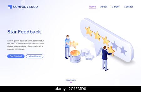 Banner mit Stern-Feedback-Modell. Konzept der positiven Bewertung, bewerten Zufriedenheit und Qualität des Service oder App. Vektor Landing Page der Bewertung von Kunden mit goldenen Sternen Stock Vektor