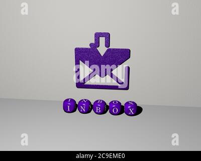 3D-Darstellung des POSTEINGANGS mit Symbol an der Wand und Text angeordnet durch metallische kubische Buchstaben auf einem Spiegelboden für Konzept Bedeutung und Diashow-Präsentation. E-Mail und Illustration Stockfoto