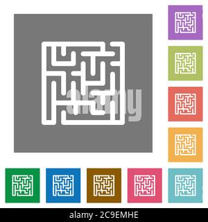Labyrinth flache Symbole auf einfachen farbigen quadratischen Hintergründen Stock Vektor