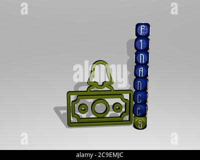 3D-Illustration von Finanzen Grafiken und Text rund um die Ikone gemacht durch metallische Würfel Buchstaben für die damit verbundenen Bedeutungen des Konzepts und Präsentationen. Business und Geld Stockfoto