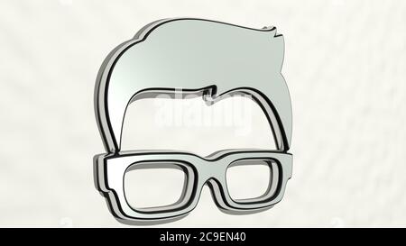 BRILLE MIT HAAR durch 3D-Illustration einer glänzenden Metallskulptur an einer Wand mit hellem Hintergrund gemacht. Business und Frau Stockfoto