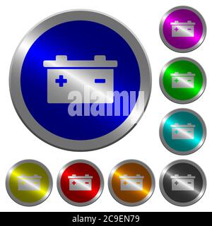 Akkumulator-Symbole auf runden leuchtenden münzähnlichen farbigen Stahlknöpfen Stock Vektor