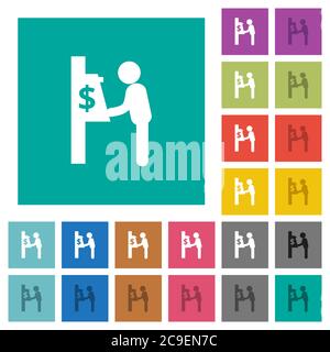 Dollar Geldautomat mehrfarbige flache Symbole auf einfachen quadratischen Hintergründen. Weiße und dunklere Symbolvarianten für schwebe- oder aktive Effekte. Stock Vektor