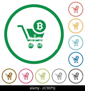 Kasse mit Bitcoin Warenkorb flache Farbe Symbole in runden Umrissen auf weißem Hintergrund Stock Vektor
