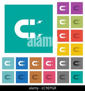 Hufeisenmagnet mehrfarbige flache Symbole auf schlichten quadratischen Hintergründen. Weiße und dunklere Symbolvarianten für schwebe- oder aktive Effekte. Stock Vektor
