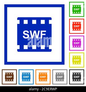 Flache Farbsymbole im SWF-Filmformat in quadratischen Rahmen auf weißem Hintergrund Stock Vektor